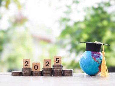 Mezuniyet şapkalı dünya küresi, 2025 numaralı tahtadan blok bozuk para yığını. 2025 yılında eğitim, öğrenci kredisi, burs, öğrenim ücreti için para biriktirme kavramı.