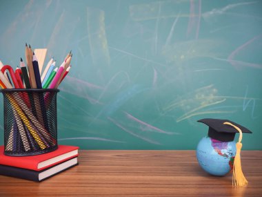 Öğrenci yaratıcı masaüstü, mezuniyet şapkası ve ciltli ciltli ciltli renkli kağıtları olan toprak küre. Metin için boşluk kopyala, okula geri dön, eğitim kavramı