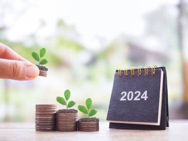 El kapama, bozuk para yığınına para koyma, 2024 masa takvimi, büyüyen bitkiler. 2024 yılında para, finans, yatırım ve işletme tasarruf kavramı büyüyor.