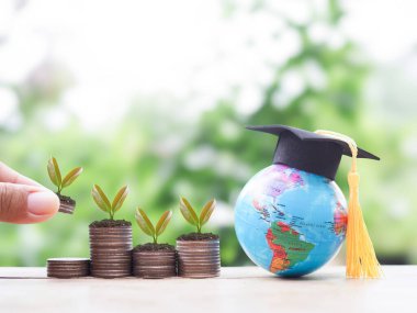 Mezuniyet şapkası ve bozuk para yığınında büyüyen bitkilerle dolu bir dünya küresi. Eğitim için para biriktirme kavramı, öğrenci kredisi, burs, gelecekte öğrenim ücretleri