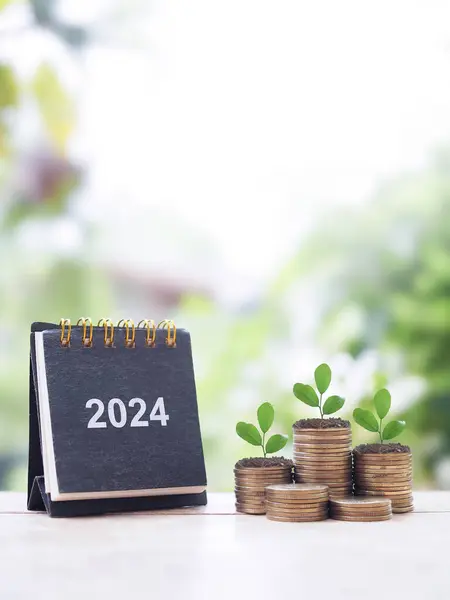 2024 masa takvimi, bozuk para yığınında büyüyen bitkiler. 2024 yılında para, finans, yatırım ve işletme tasarruf kavramı büyüyor.