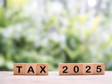 Wooden blocks with the word TAX and number 2025. The concept of prepare to pay tax in year 2025 clipart