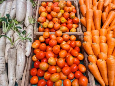 Süpermarkette satmak için sepette taze organik sebzeler. Domates, havuç, beyaz turp.