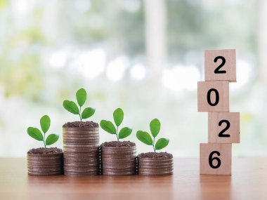 2026 numaralı tahta bloklar ve madeni paraların üzerinde büyüyen bitkiler. 2026 yılında para, finans, yatırım ve işletme tasarruf kavramı büyüyor.