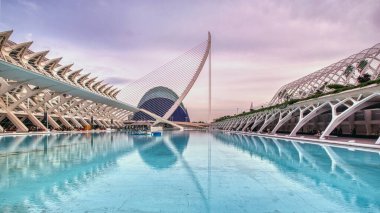 Valencia, Sanat ve Bilim Şehri Parkı. Bilim müzesinin önündeki mavi havuzlu 