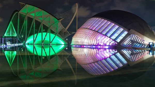 Valencia Konst Och Vetenskapspark Nattfotografering Futuristiska Byggnader Staden Vetenskap Som — Stockfoto