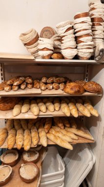 rack with freshly baked bread in a small bakery