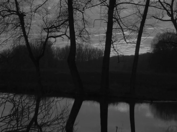 Blackwhite Image Late Sunset Vyskovice Pond Red Dusk Water Surface — Stock Photo, Image