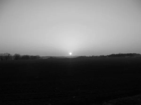 Greyscaled Image Βραδινά Τοπία Ήλιο Στον Ορίζοντα Λάμπει Κοκκινωπό Χρώμα — Φωτογραφία Αρχείου