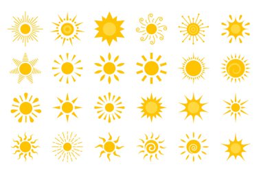 Sun flat icon set. Various yellow sunshine star. Cartoon summer sunlight nature sky. Simple graphic solar circle sign. Sunny heat rays weather app symbol. Logotype sunrise sunset isolated on white.