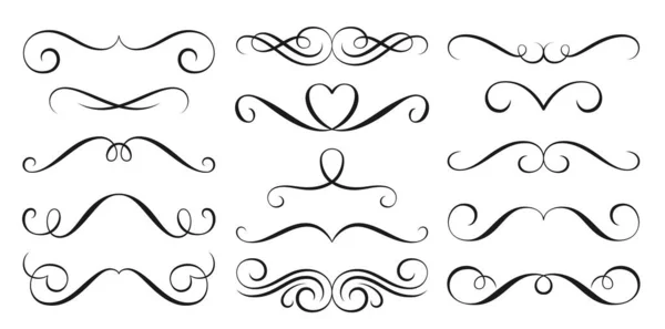 Divider border calligraphy decor set. Frame linear victorian flourishes. Vintage vignette scrolls, swirl black line pattern. Festive hand drawn retro typographic design element for card, menu, diploma