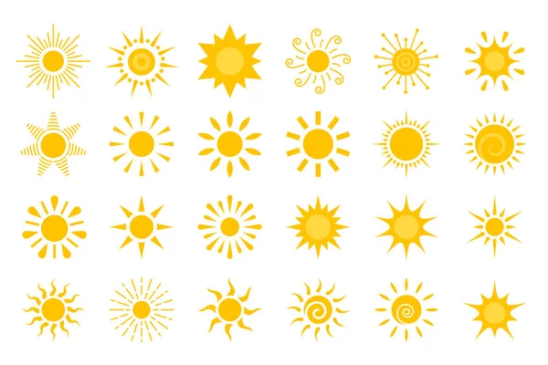 Sun flat icon set. Various yellow sunshine star. Cartoon summer sunlight nature sky. Simple graphic solar circle sign. Sunny heat rays weather app symbol. Logotype sunrise sunset isolated on white.