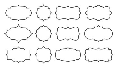 Etiket ayarlandı, kart, sertifika, menü için boş çerçeve. Kavanoz, kap, şişe ve paket için farklı şekil etiketi şablonu. Ürün ve satış bilgileriyle ilgili bir mesaj yok. Özet geçmişteki sınır