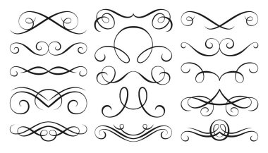 Calligraphic swash design elements. Vintage ornament swirls, abstract line scrolls. Retro flourish label border, page delimiter, text dividers. Victorian vignette ink pen drawn outline pattern frame