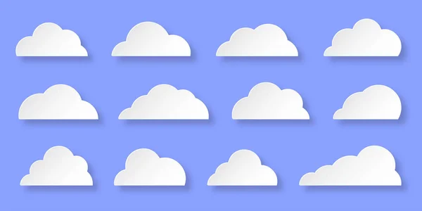 Weiße Papiergeschnittene Wolken Auf Blauem Hintergrund Abstrakte Symbolsammlung Unterschiedlicher Wolkenformen — Stockvektor