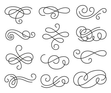 Kaligrafik girdap süsü, çizgi tarzı süslemeler. Filigran süslü bukleler. Menü, sertifika, diploma, düğün kartı, ihlal, özet metin bölücüsü için dekoratif tasarım unsurları