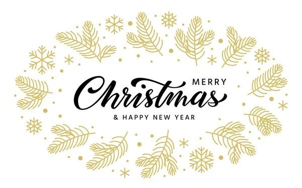 Mutlu Noeller ve mutlu yeni yıl el fırçası mektupları. Xmas yaratıcı tebrik kartı afiş şablonu. Mürekkep kalem kaligrafi, altın kar taneleri, çam dalları ile kış tatili geçmişi