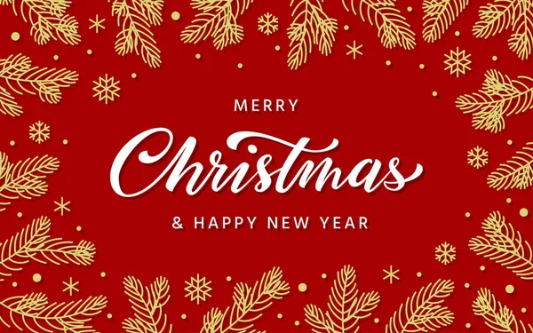 Mutlu Noeller yeni yıl tebrik kartı. El yazısı yazılı Xmas kırmızı arka planı, Noel ağacı sınırı köknar ağacı sedir dalları, altın kar taneleri. Dilek kartpostalı, afiş, poster
