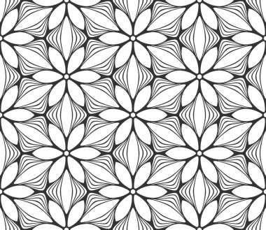 Soyut, dikişsiz çiçek deseni. Çiçekli geometrik altıgen süs. Siyah ve beyaz sınırsız arka plan. Sonu gelmeyen grafiksel modern tekrarlama kalıbı. Moda monokrom kafes mozaiği