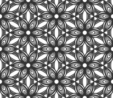 Seamless geometric flower pattern. Vintage black turkish fabric background. Decorative flat geometric arabian retro design. Regular floral elegant petals backdrop. Botanical wrapping paper ornament