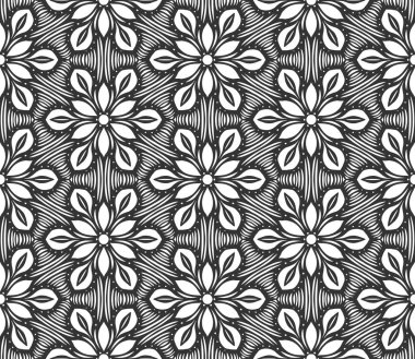 Retro soyut, dikişsiz çiçek deseni. Kağıt kaplama düz botanik tasarımı. Tekstil bitkisel süs. Tek renkli süslemeli arka plan. Dantelli kumaş dekoru. Klasik geometrik yaprak arkaplanı