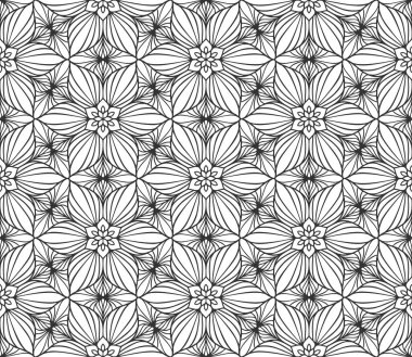 Soyut, dikişsiz çiçek deseni. Çiçekli geometrik altıgen süs. Siyah ve beyaz sınırsız arka plan. Sonu gelmeyen grafiksel modern tekrarlama kalıbı. Moda monokrom kafes mozaiği