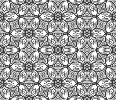 Kusursuz tek renkli yaprak deseni. Klasik siyah çiçek kumaşı arka planı. Dekoratif düz geometrik retro tasarım. Sıradan, zarif çiçek yaprakları arkaplanı. Botanik tarzı ambalaj kağıdı süsü