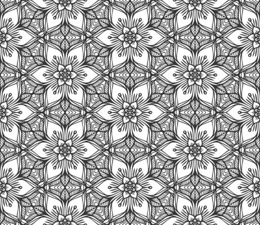 Çiçeklerin dantelsiz desenleri. Modern çiçekli el, soyut botanik süsü çizmiş. Retro siyah moda arka planı. Düz dekoratif bitki dokusu. Sonsuz klasik monokrom geometrik duvar kağıdı