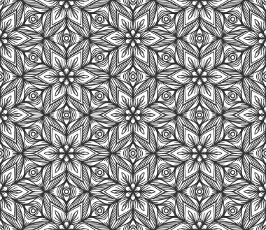 Soyut siyah geometrik çiçek desenli. Moda şekilli kumaş deseni. Moda retro tarzı çiçek halısı dekoratif vintage dekoratif altıgen tek renkli duvar kağıdı arka planı