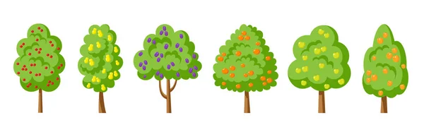 Fruta Verde Pomar Conjunto Árvores Planas Forma Diferente Plantas Agrícolas —  Vetores de Stock