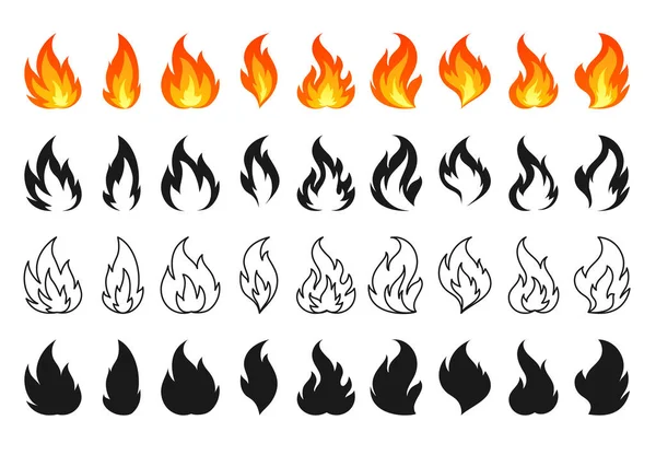 フラット 黒のシルエット ラインスタイルで設定された漫画のキャンプファイヤーアイコン 白色に隔離された赤い熱炎 明るい燃えるような熱炎の山火事とたき火 燃焼力 様々な形の燃える炎の感情 — ストックベクタ