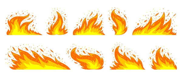 炎を火花大きなセットで 明るい火の玉 赤い熱の山火事 燃えるたき火 炎のキャンプファイヤー 白い背景に点火フラット漫画要素 オレンジ色の炎の記号 火のエネルギー力 — ストックベクタ