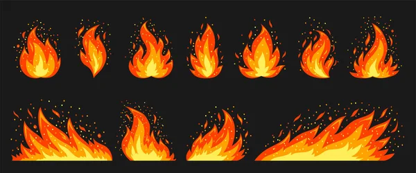 stock vector Cartoon campfire flat icon set. Red hot flame with sparks on black background. Bright fiery yellow heat flames wildfire and bonfire, burn power silhouettes. Various shape blazing fire emoticon