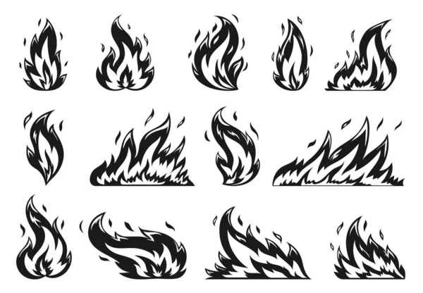 漫画のキャンプファイアフラットアイコンセット 炎は白地に火花を散らします 火熱炎山火事とたき火 電源黒のシルエットを焼く 様々な形の燃える炎の感情 ステンシルスタンプ — ストックベクタ