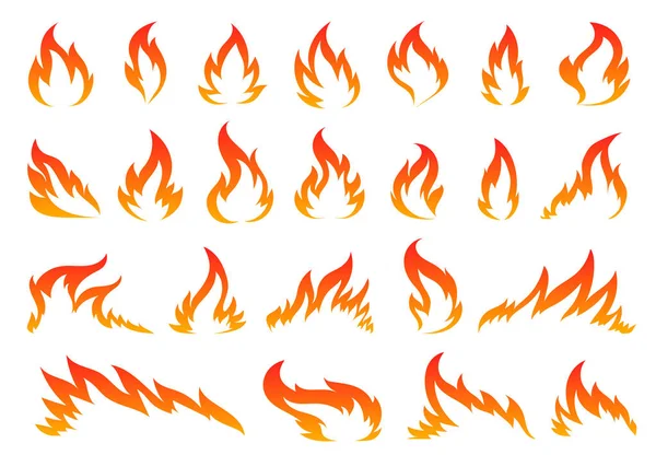 高温コミック危険な炎の火災 漫画の炎 赤のキャンプファイア炎のアイコンセット 燃えるような野火 白地に隔離されたたき火 ステンシル 切手のためのシルエットサイン — ストックベクタ