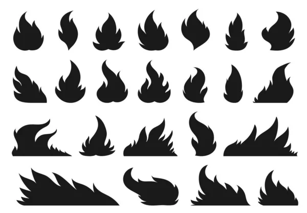 火球の炎 熱い火の黒いシルエットの兆候 キャンプファイア炎のアイコンセット 引火性の高い燃焼フラットクリッパー 危険な天然ガスが燃える 野火効果の燃焼 白色に隔離されたたき火 — ストックベクタ