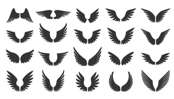 Uzun tüylü kanatlar. Melek ya da kuş kanadı düz siyah ikon seti. Pilot yama rozeti. Heraldik klasik ordu amblemi Şahin Anka Şahini. Uçan kanatlı çerçeve. Motorcu logosu şablon damgası