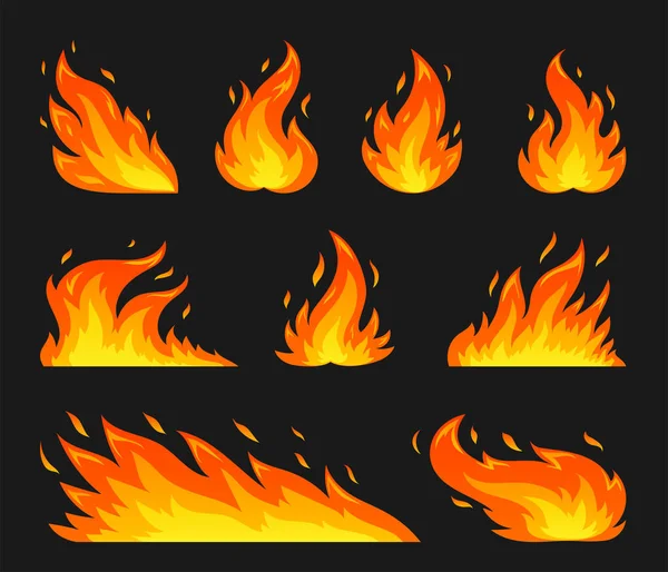 高温コミック危険な炎の火災 漫画の炎 レッドキャンプファイア燃えるようなフラットシルエットセット 燃えるような野火 黒い背景に隔離された光るたき火の感情のステッカー — ストックベクタ