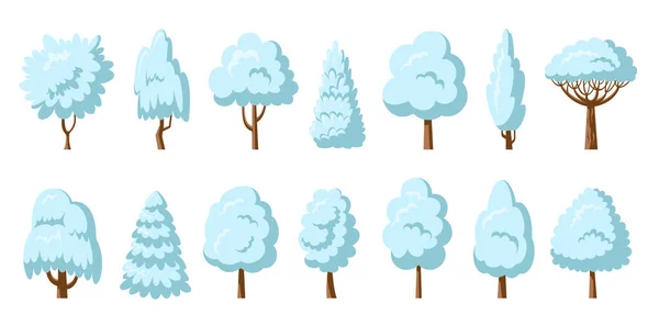 冬のツリーアイコンセット 雪の白い植物側のビュー アルボレウムヤナギオークポプラ白樺 漫画の別の木の霜の森 植物自然庭園メープルアスペンアルダー灰リネンアカシア栗のエルム — ストックベクタ