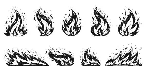 漫画の火セット 輝く点火炎 高温の危険な火災燃える 炎の点火 可燃性炎の熱爆発危険性天然ガス炎のエネルギーフラットブラックシンボル ステンシルスタンプ — ストックベクタ