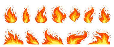 Fire flat icon set. Blaze danger warning symbol. Different shapes of abstract orange campfire fiery flame with sparks isolated on white background. Red hot bonfire flaming fuel power energy clipart clipart