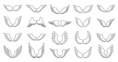 Kanat siyah çizgi simgesi hazır. Uzun tüylü boyama kitabıyla melek kanatları. Özgürlük simgesi Heraldik klasik ordu amblemi. Uçuş pilotu rozeti kanatlı. Uçan Şahin Anka Şahini