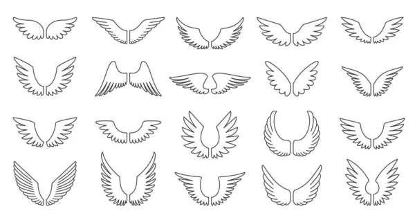 Conjunto Iconos Línea Negra Ángel Alas Pájaro Con Pluma Larga Gráficos vectoriales