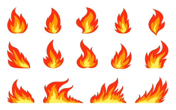 フラットアイコンセット ブレイズ危険警告シンボル 抽象的なオレンジ色のキャンプファイヤーの異なった形は白い背景で孤立しました 赤い熱い火炎の燃料力のエネルギー クリップのコレクション — ストックベクタ