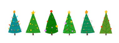 Noel ağacı süslemeli yıldızlar, ışıklar, düz çelenkler. Her ağaç, bayram temalı projeler, tebrik kartları, posterler, davetiyeler, web grafikleri, sosyal medya paylaşımları için eşsiz bir festival tasarımına sahiptir.