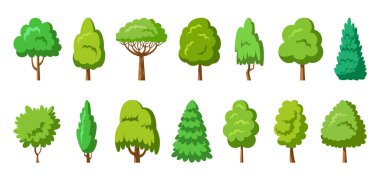 Düz ağaç seti. Tarzlı ekolojik bitkiler yan görünüm. Botanik bahçesi söğüt ağacı selvisi thuja çam ağacı meşe ağacı huş ağacı. Çizgi film yeşil ağaçlar orman ladin akçaağaç sekolisi. Aspen alder kül linden akasya kestanesi