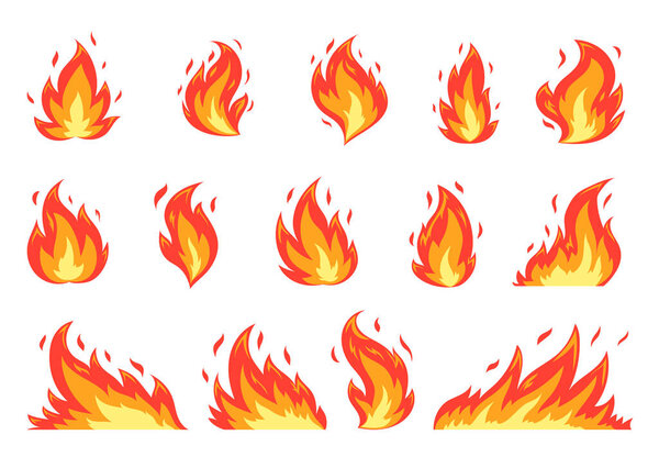 Fire flames with sparks big flat set. Bright fireball, red heat wildfire, fiery bonfire, blaze campfire, ignition elements on white background. Orange flaming symbols. Energy and power of fuel fires