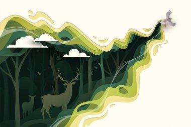 Flying bird in natural forest layered shape wavy background in paper cut style