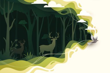 Doğal orman katmanlı geyik kağıt kesim tarzında dalgalı arka plan