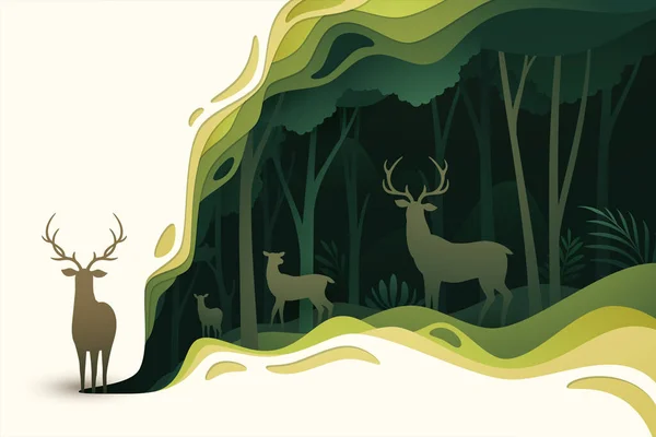 Cerf Dans Forêt Naturelle Forme Couches Fond Ondulé Dans Style — Image vectorielle